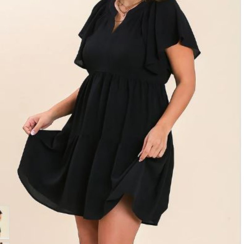 Umgee Black Tiered Flutter-Sleeve Notch Neck Dress NWT 2XL